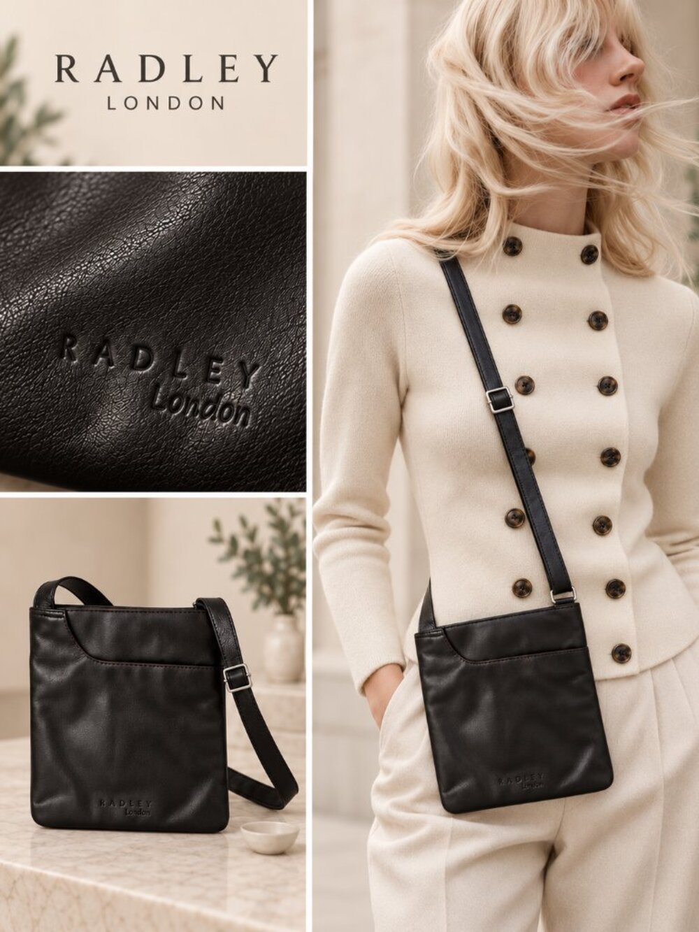 Radley London Leather Crossbody Bag Black Brown Small Minimalist